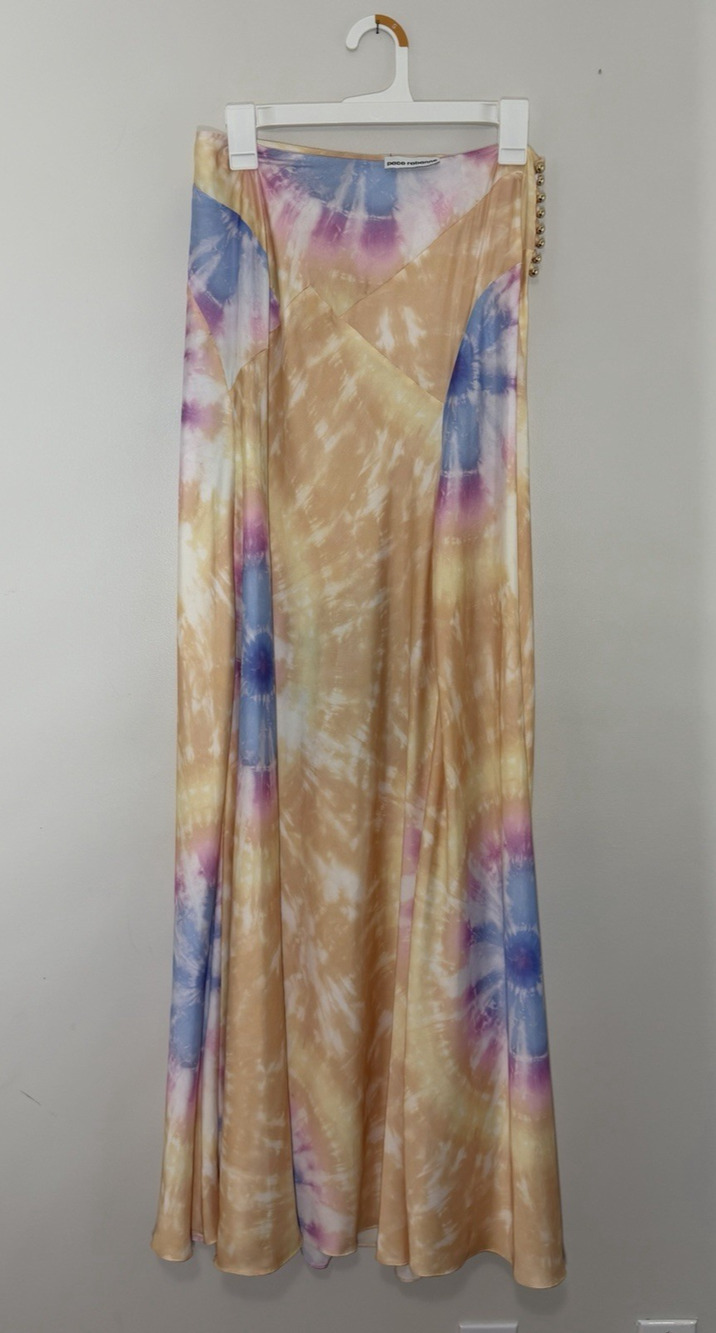 Paco Rabbane Tie Dye Satin Maxi Skirt US 6 EU 38 Orange Yellow Long Hippie Chic